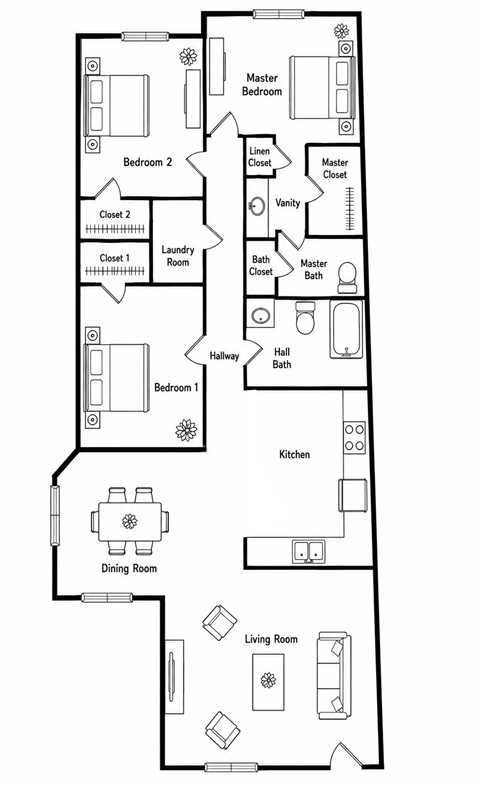 Floor plan for 3 beds, 2 baths, 1215 sqft